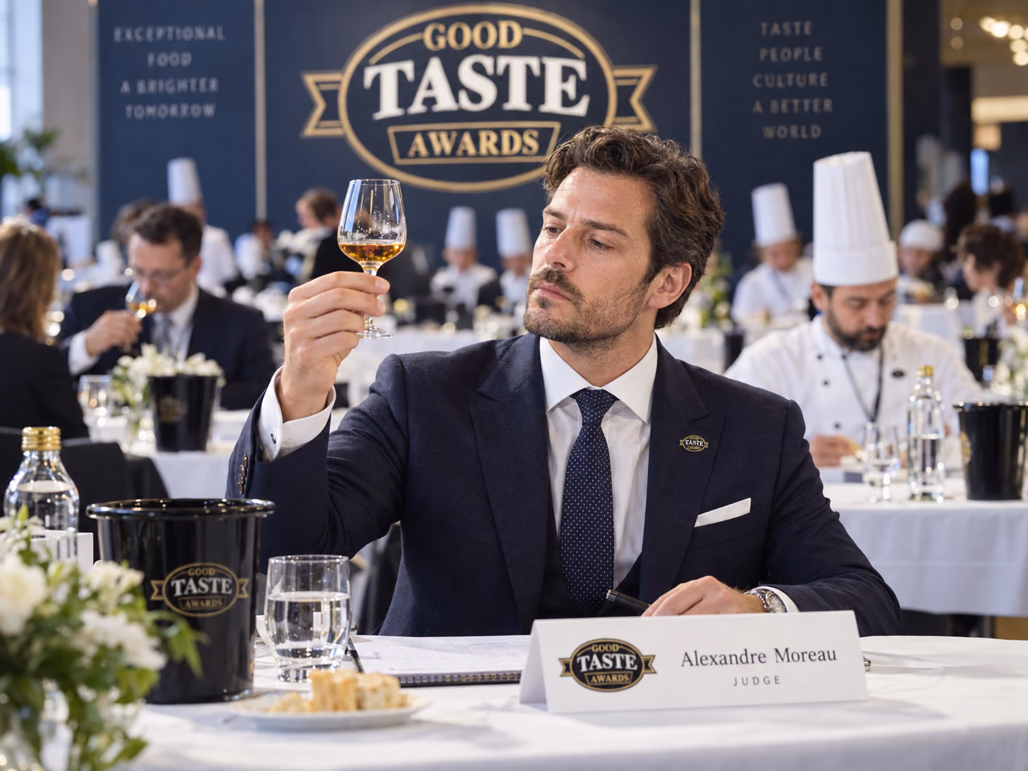 An assessor examining a beverage during a controlled tasting