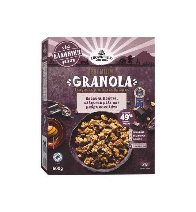 Crownfield Premium Τραγανές μπουκιές βρώμης με ελληνικό μέλι, χαρούπι Κρήτης και μαύρη σοκολάτα