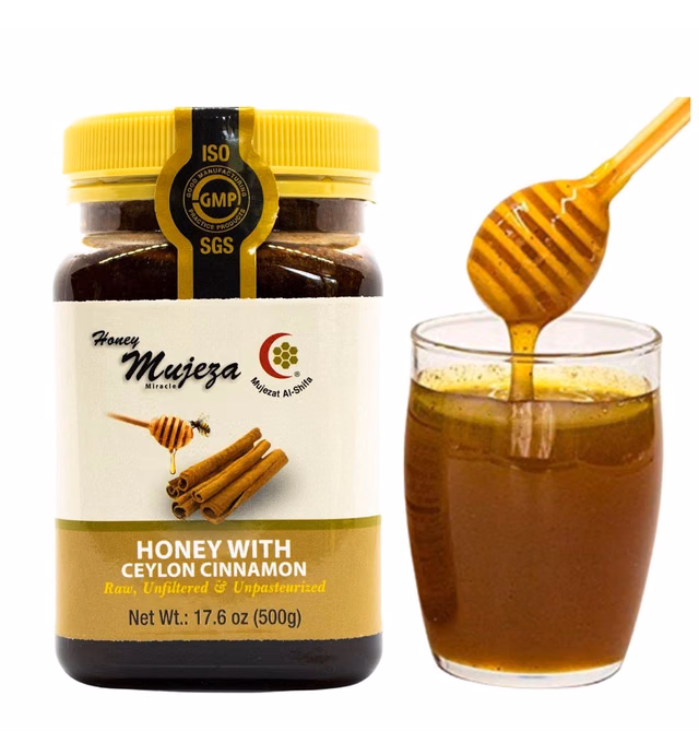 Mujeza Raw Wildflower Honey with Ceylon Cinnamon - Pure Natural Honey with Cinnamon Unheated Unfiltered Unprocessed 100% Natural Raw Honey (500g / 17.6oz)Unfiltered Unprocessed 100% Natural Raw Honey (500g / 17.6oz) - Mujezat Al-Shifa