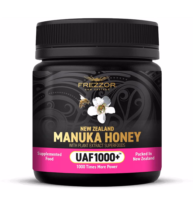 FREZZOR Premium 100% Raw New Zealand Manuka Honey with UAF1000+ Super Antioxidant, 30% More Bioactive, Best Support for Everyday Wellness, Antioxidant Superfood, 1 Jar (8.8oz/250g)