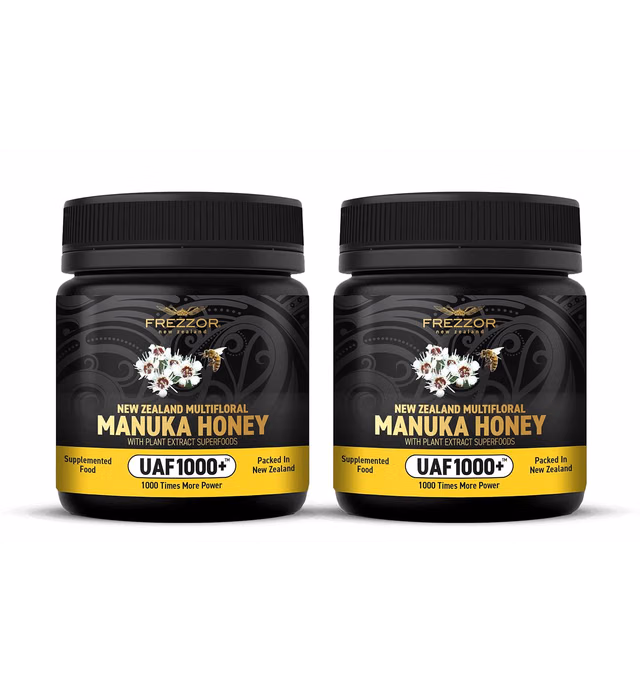 FREZZOR Premium New Zealand Raw Multifloral Manuka Honey with UAF1000+ Super Antioxidant, 230% More Bioactive, Best Support for Everyday Wellness, Antioxidant Superfood, 2 Jars (17.6oz/500g)