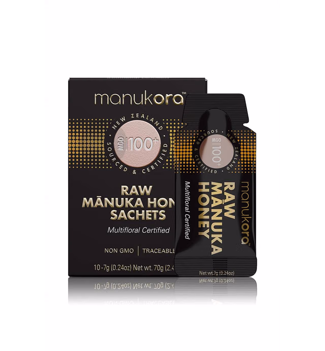 Manukora MGO 100+ Raw Mānuka Honey Sachets (10 x 7g / 10 x 0.24oz) Authentic Non-GMO New Zealand Honey, MGO Certified, Traceable from Hive to Hand