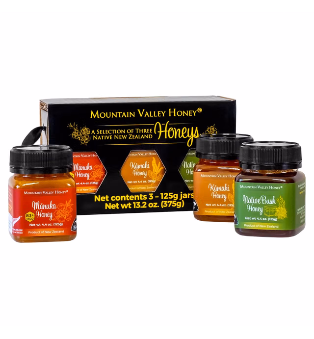 Mountain Valley Gourmet Honey Gift Set, Box of 3 with Premium Manuka Honey MGO 83+, Pure Natural Honey Collection, 3 x 4.4oz Honey Pot, Perfect Family Food Gift