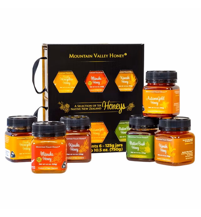 Mountain Valley Raw Honey Gift Set, Box of 6 with Premium New Zealand Manuka Honey MGO 83+, Pure Natural Honey Collection, 6 x 4.4oz Pots, Perfect Gourmet Food Gift for Families