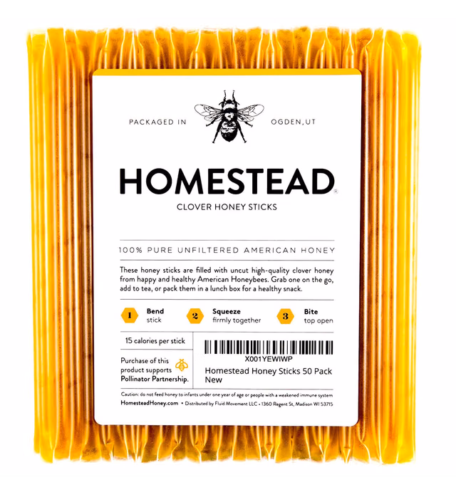 Homestead Honey Sticks for Tea (50 Count) - 100% Pure, Uncut, Unfiltered, American Honey Stick - Honeysticks Organic Raw - Honey Stir Sticks - Honey Straw - Honeycomb Stick - Sticks of Honey for Tea