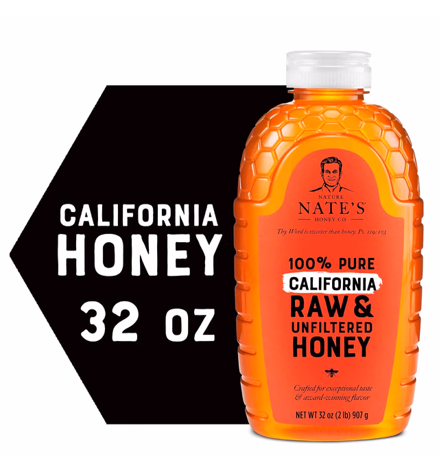 Nature Nate's 100% Pure Raw Unfiltered Honey In Squeeze Bottle -All natural Sweetener With No Additives, California, 32 Oz