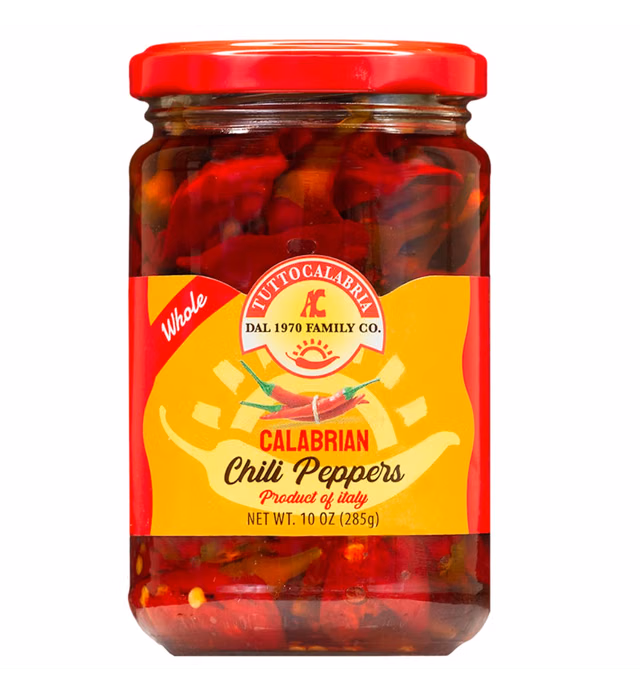 Calabrian Chili Peppers, Whole, All Natural, Non-GMO, Original, Product of Italy, Retail Glass Jar, 10.2 oz, TuttoCalabria