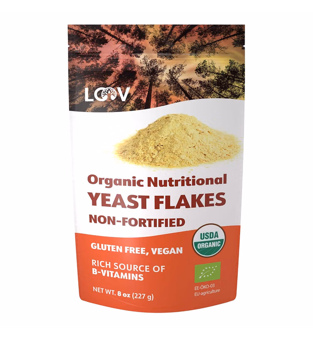 LOOV Organic Nutritional Yeast Flakes, Non-Fortified, Vegan, Non-GMO, Gluten Free, Good Source of B-Vitamins, 227 Grams, No Added Vitamins, No Added Sugar, Resealable Bag