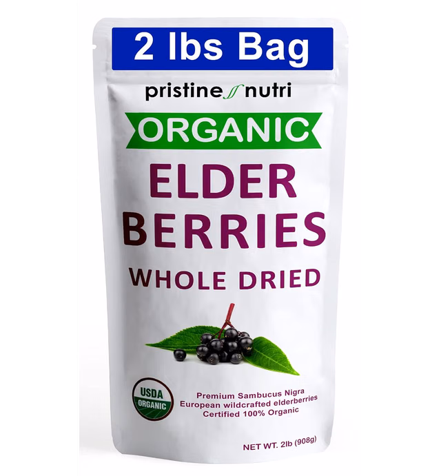 2lbs Organic Elderberries Dried Bulk | Whole European Elderberry Dried, Wildcrafted All Natural | Non-GMO, Non-irradiated | Immunity Booster Antioxidants and Vitamins | Make Syrup, Tea