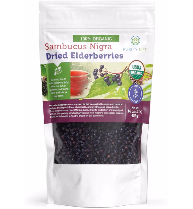 Certified USDA - 100% Organic Dried Elderberries - 1lb Bulk - Non-Irradiated, Non-Gmo, Whole Black Elderberry Immune Support For Making Elder Syrup, Gummies, Tea - Raw Vegan Sambucus 1 Pound