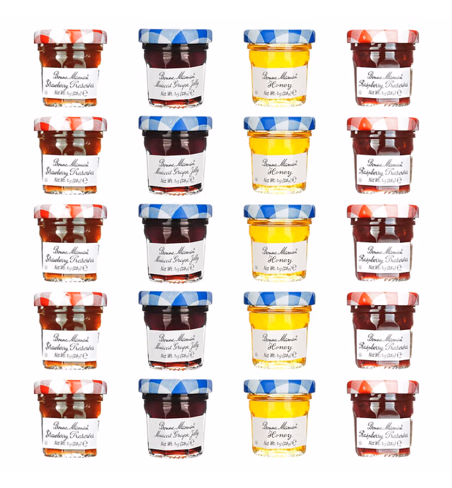 Bonne Maman Assorted - 20/1 oz Mini Jars -Strawberry, Raspberry, Honey, Grape - 5 each flavor