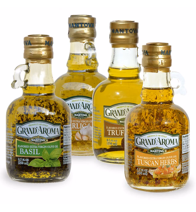 Mantova Grand’Aroma Flavored Extra Virgin Olive Oils, Variety Gift Set, made in Italy, cold-pressed, 100% natural, heart-healthy, for grilling, barbequing, smoking, and cooking, 8.5 oz (Pack of 4)
