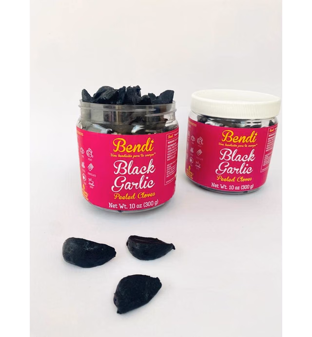Bendi Black Garlic 10oz (300g). Peeled Cloves. Superfood. Balsamic and sweet flavor. Natural. Antioxidant. No chemical additives, without conservatives. Smooth consistency. Canned and Jarred Garlic.