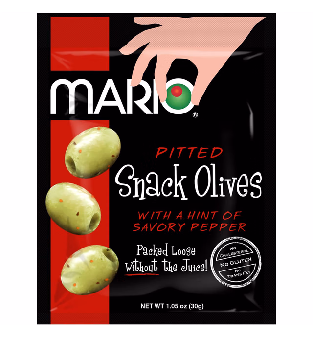 Mario Camacho Foods Pitted Snack Olives, with a Hint of Savory Pepper, 1.05 Ounce (Pack of 12)