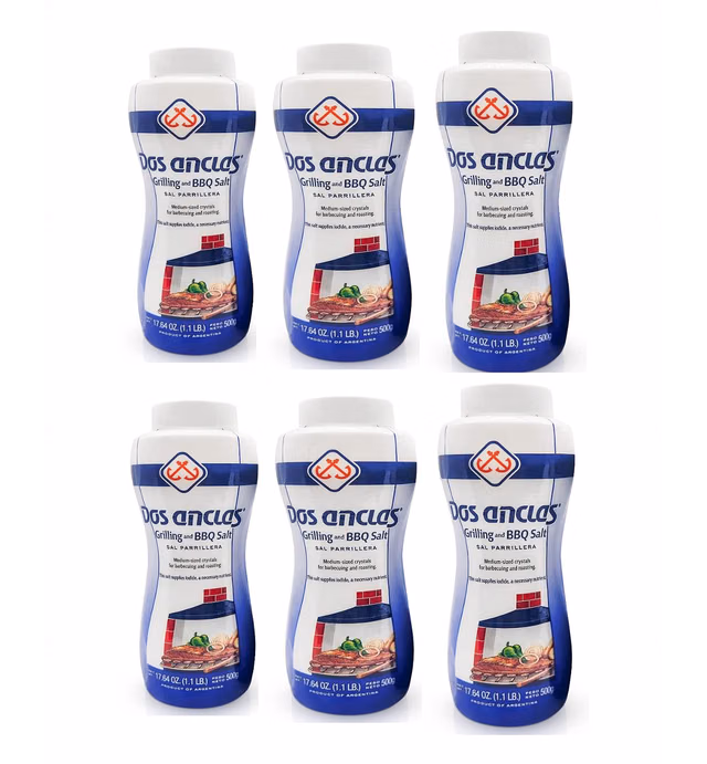 Dos Anclas Sal Parrillera 500 gr. - 6 Pack | Rock Salt for Grilling and BBQ, Refined Medium Grain Salt for Meat and Seafood.
