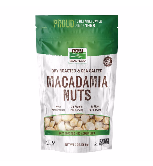 NOW Foods, Macadamia Nuts, Dry Roasted with Sea Salt, Source of Fiber, Gluten-Free and Certified Non-GMO, 9-Ounce (Packaging May Vary)