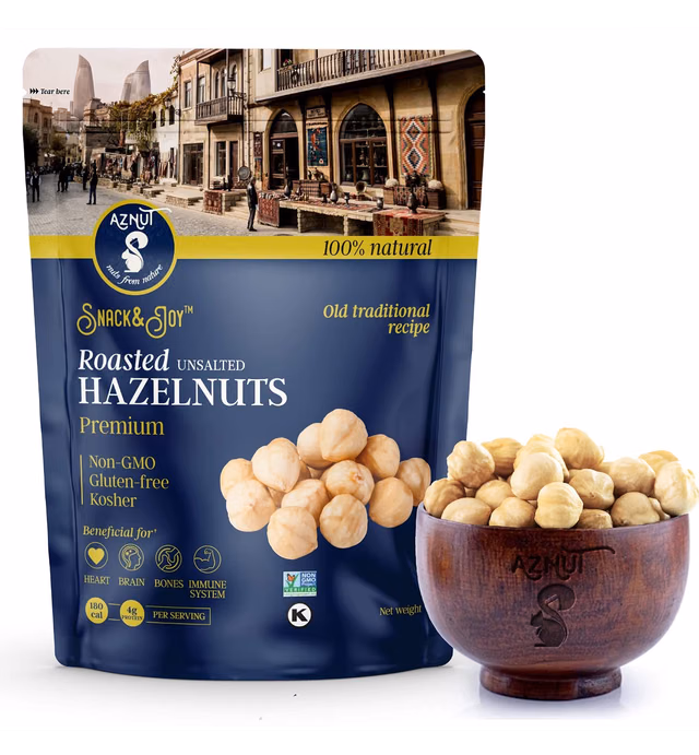 AZNUT Roasted Unsalted Hazelnuts 3 LB, Premium Quality 100% Natural Non-GMO Project Certified, Kosher Certified, No Salt, No Oil, Gluten Free, Keto Diet Snacks, Resealable Bag 3 LB