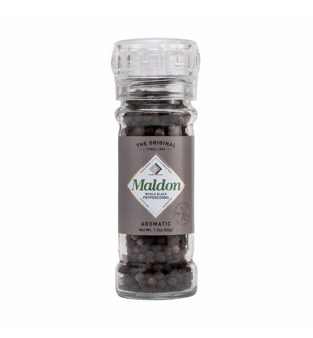 Maldon Salt, Whole Black Peppercorn Grinder, 50 g, Refillable and Adjustable, Kosher, Natural, Aromatic