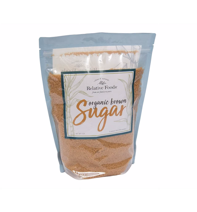 Relative Foods Organic Brown Sugar, 3 pound resealable bag. Blended and packaged in our allergen free, gluten free facility. Certified gluten free.