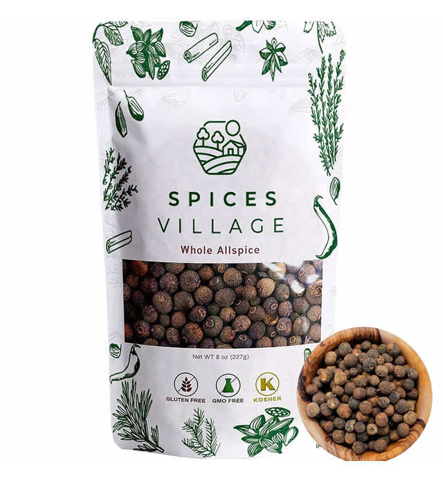 SPICES VILLAGE Allspice Berries Whole (8 oz) - Natural Allspice for Cooking, Pickling Seasoning, Jamaican Pimento Seeds Pimienta Dulce Malagueta - Kosher, Gluten Free, Non GMO, KETO Friendly, Resealable Bulk Bag