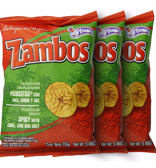 Zambos Plantain Chips: Spicy with Chili,Lime and Salt (Tajaditas de Plátano con Chile + Limón y Sal) Crunchy with spicy taste that many like | Salvajes del Trópico | 5.46 ounces (155grams) 3 pack