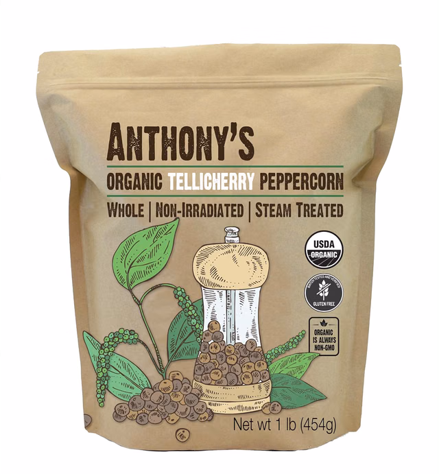 Anthony's Organic Tellicherry Peppercorn, 1 lb, Whole, Gluten Free, Non Irradiated, Steam Treated, Grinder Refill