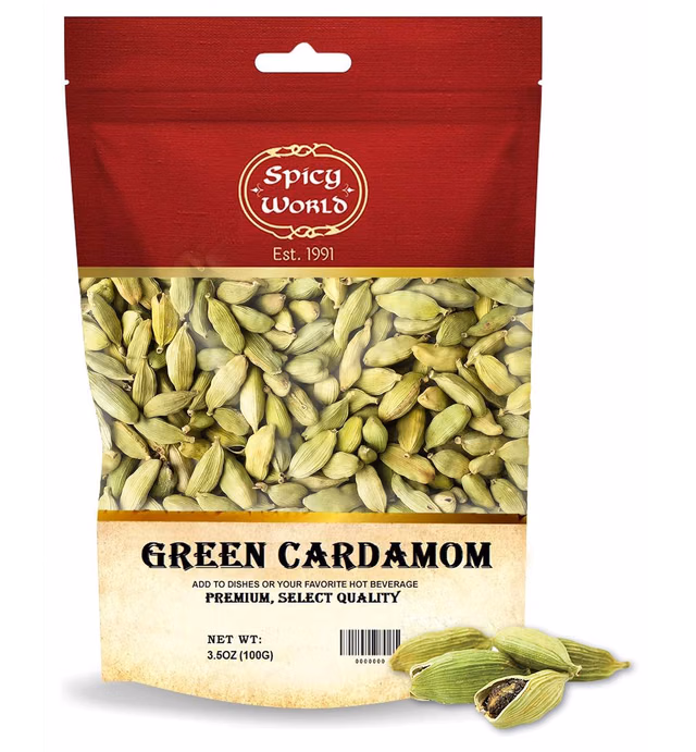 Spicy World Cardamom Pods 3.5oz (100g) - Whole Green Cardamom Pods - Natural Spice, Vegan, Large, Aromatic Cardomon- By Spicy World