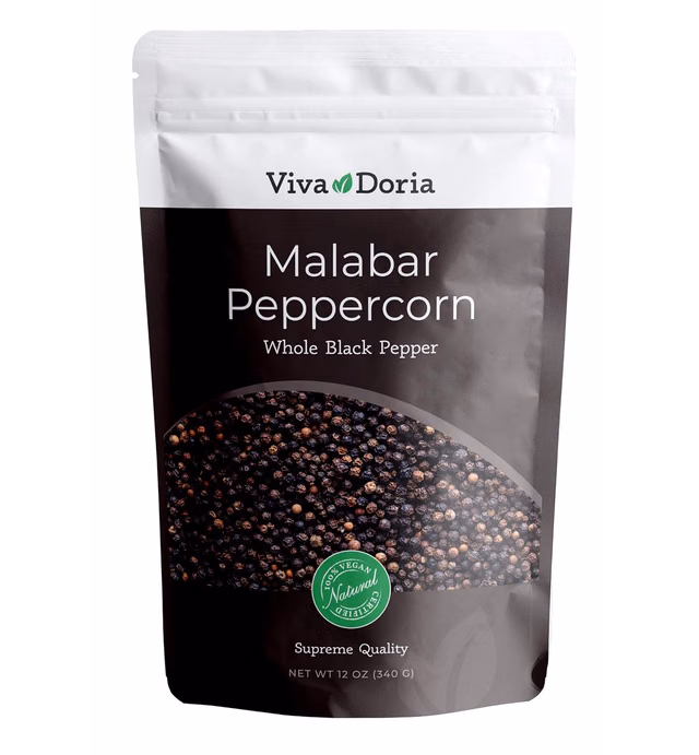 Viva Doria Malabar Black Peppercorns, Whole Black Pepper, Black Peppercorn For Grinder Refills, 12 Ounces