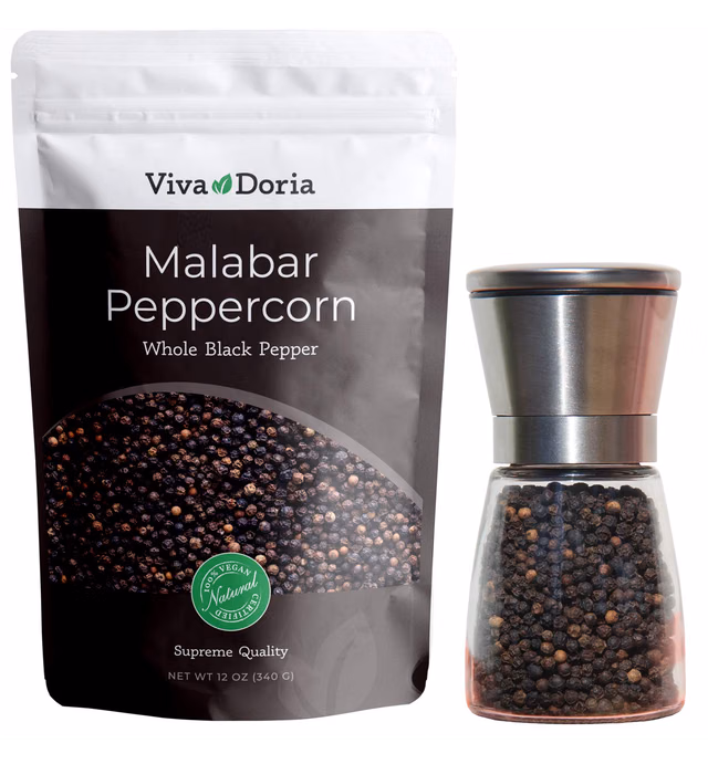 Viva Doria Malabar Peppercorn, Whole Black Pepper, Black Peppercorns 12 oz + Premium Stainless Steel Salt & Pepper Grinder with Adjustable Coarseness