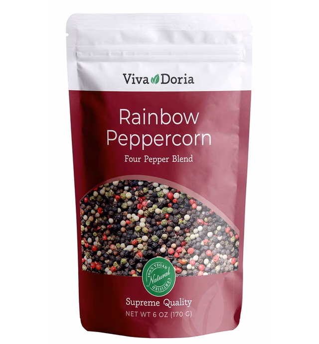 Viva Doria Rainbow Peppercorns - Four Peppercorn Blend, Whole Black, Green, Pink and White Pepper, Steam Sterilized 6 Oz, For Grinder Refill
