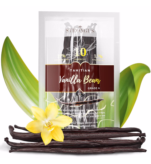 Strongus Large Tahitian Vanilla Beans - Vacuum Sealed Grade A Vanilla Bean - Rich, Creamy Flavor & Aroma - Ingredients for Baking, Homemade Extract, Paste, Brewing, Coffee, Cooking - 5-6", 10-Pack