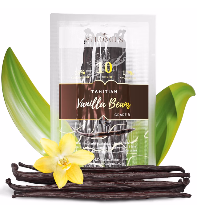 Strongus Large Tahitian Vanilla Beans - Vacuum Sealed Grade B Vanilla Pods - Rich, Creamy Flavor & Aroma - Ingredients for Baking, Homemade Extract, Paste, Brewing, Coffee, Cooking - 5-6", 10-Pack