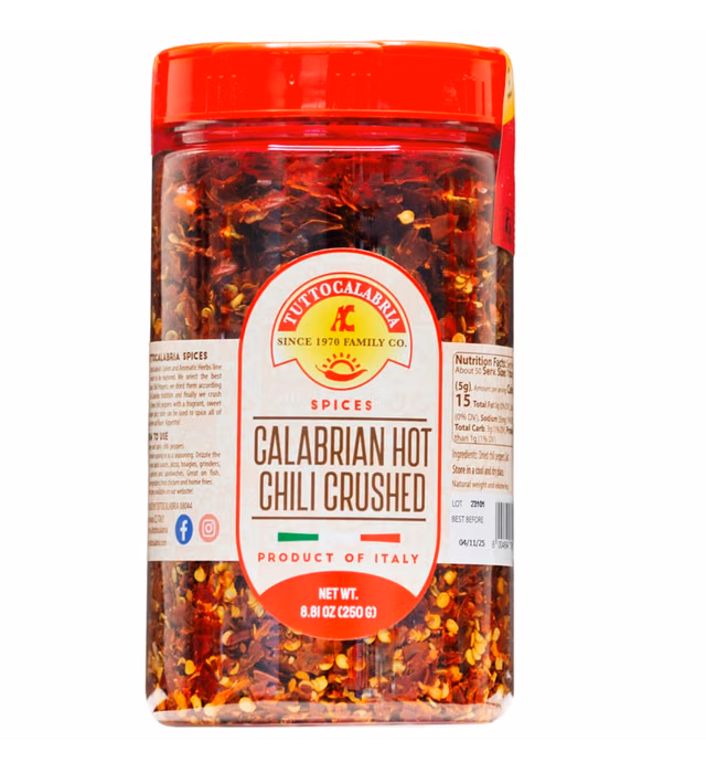 Calabrian Crushed Chili Dry Pepper Flakes, Large Shaker, Product of Italy, 250 g (8.81 oz) All Natural, Non-GMO, Product of Italy, TuttoCalabria