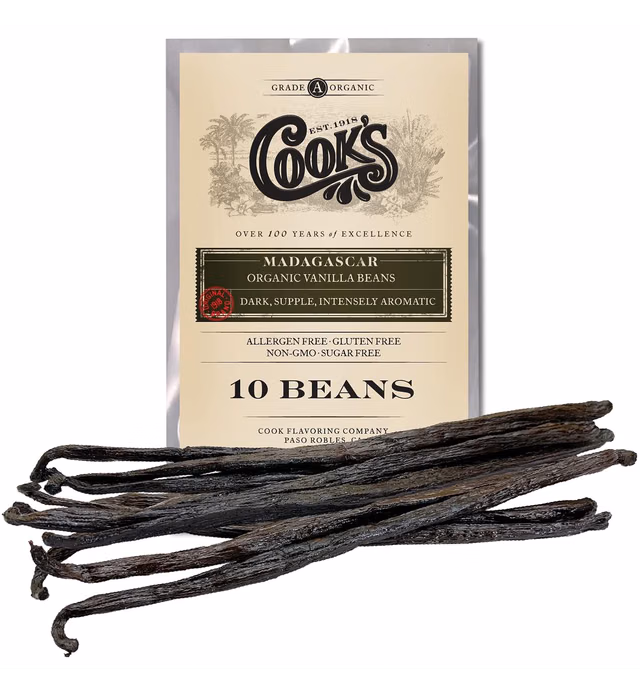 Cook's, Organic Madagascar Vanilla Beans, 10 Gourmet Grade A Whole Bean Pods for Baking, Desserts, and Making Vanilla Extract