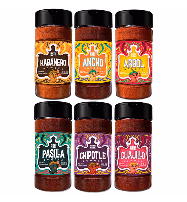 RICO RICO - Chile Powder Shaker Variety Pack: Ancho, Guajillo, Chile de Arbol, Habanero, Chipotle Morita, Pasilla, 4 oz (Pack of 6) by RICO RICO