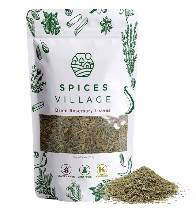 SPICES VILLAGE Dried Rosemary Leaves [ 4 oz ] – Cut & Sifted Natural Dried Rosemary Spice for Cooking and Tea, Pure Mediterranean Seasoning - Kosher, Gluten Free, Vegan, Non GMO, Resealable Bulk Bag