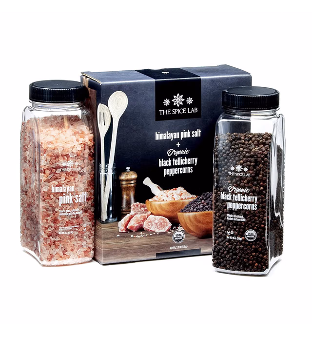 The Spice Lab Pink Himalayan Salt Coarse 2.2 Pound Tub & USDA Organic Tellicherry Peppercorns 18oz Tub - Combo Salt and Pepper Gift Pack - Pink Himalayan Salt for Grinder - Peppercorns for Grinder
