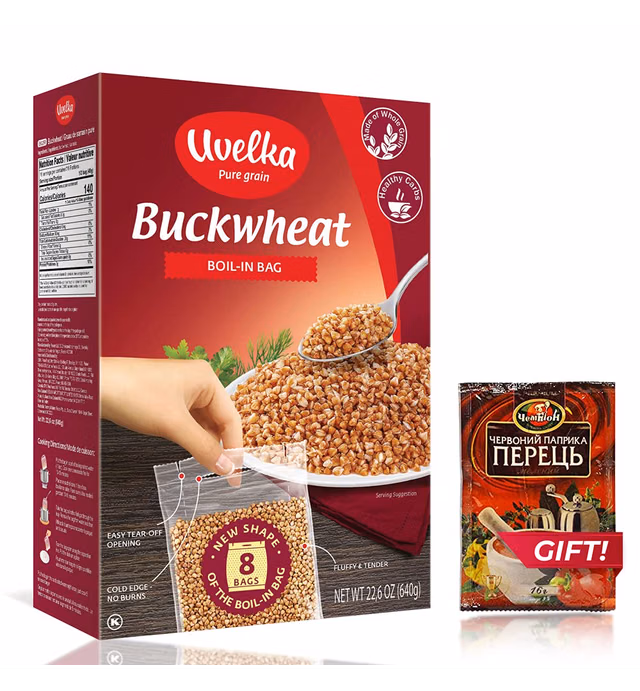 Uvelka Kasha Buckwheat BOIL-IN-BAG 8 Bags 80 Gr (22.57 Oz) - Pack of 1, Product of Russia + Paprika Red Dried for Free