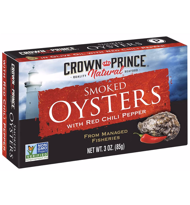 Crown Prince Natural Smoked Oysters with Red Chili Pepper, 3 Oz Cans (Pack Of 18)