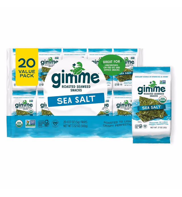 gimMe - Sea Salt - 20 Count - Organic Roasted Seaweed Sheets - Keto, Vegan, Gluten Free - Great Source of Iodine & Omega 3’s - Healthy On-The-Go Snack for Kids & Adults