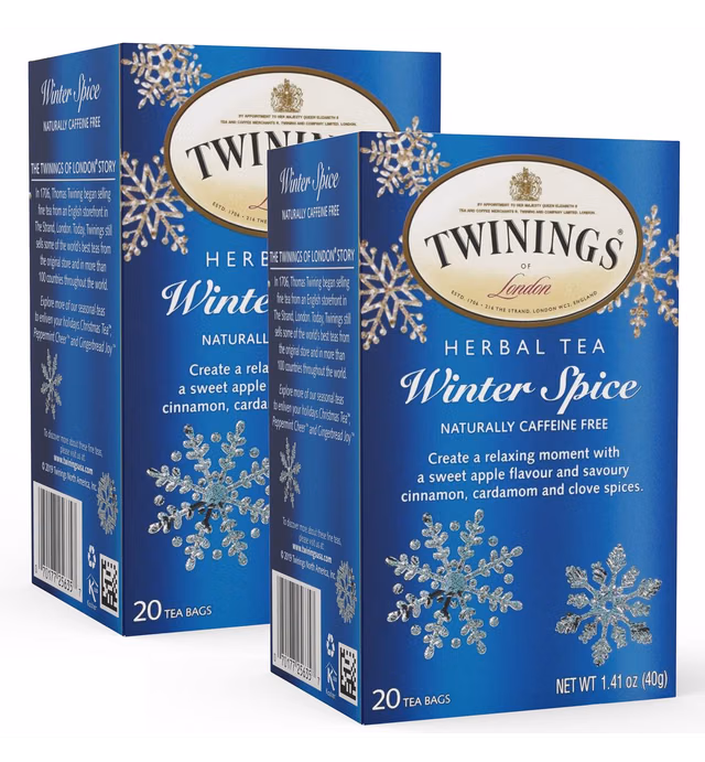 Twinings Tea Winter Spice Herbal Tea, Floral Chamomile Tea with Cinnamon Apple Spice & Sweet Cardamom, Caffeine Free, Soothing Hot Tea, Iced Tea or Cold Brew Beverage, 2 Pack - 20 Tea Bags Per Box