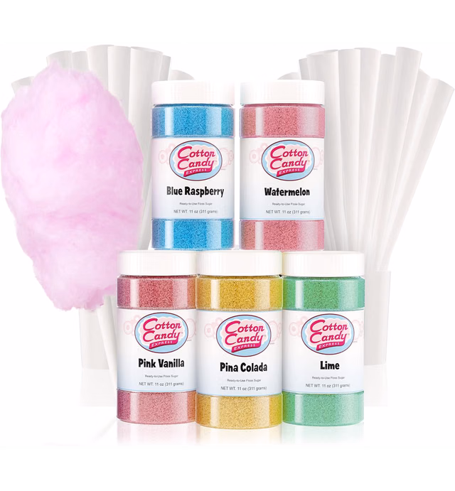 Cotton Candy Express Floss Sugar Variety Pack with 5 - 11oz Plastic Jars of Lime, Watermelon, Pina Colada, Blue Raspberry, Pink Vanilla Flossing Sugars Plus 50 Paper Cotton Candy Cones