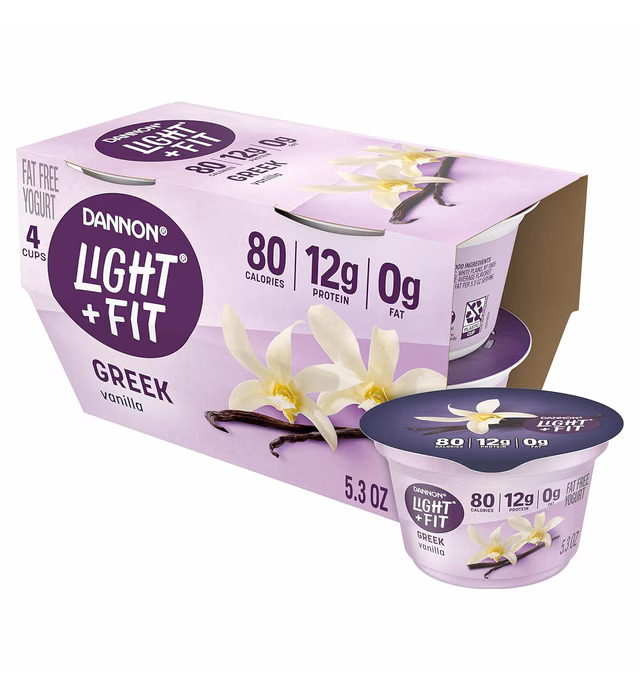 Dannon Light + Fit Greek Vanilla Fat Free Yogurt, Creamy and Delicious Gluten Free Yogurt, 4 Ct, 5.3 OZ Yogurt Cups (Packaging May Vary)
