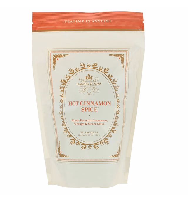 Harney and Sons Hot Cinnamon Spice, Bag of 50 Sachets, Black Tea w/Orange Pieces and Cloves (Pack of 1) (Packaging may vary)