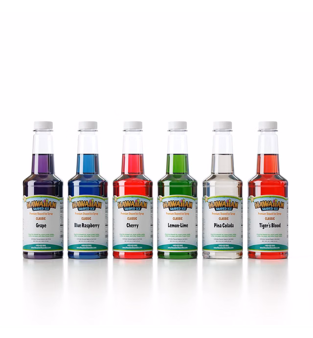 Hawaiian Shaved Ice Syrup Assortment, 6 - 16oz. Bottles of the Most Popular Flavors: Cherry, Grape, Blue Raspberry, Tiger’s Blood, Lemon-Lime, & Pina Colada. Great for Kids' Parties and Cocktail Hour