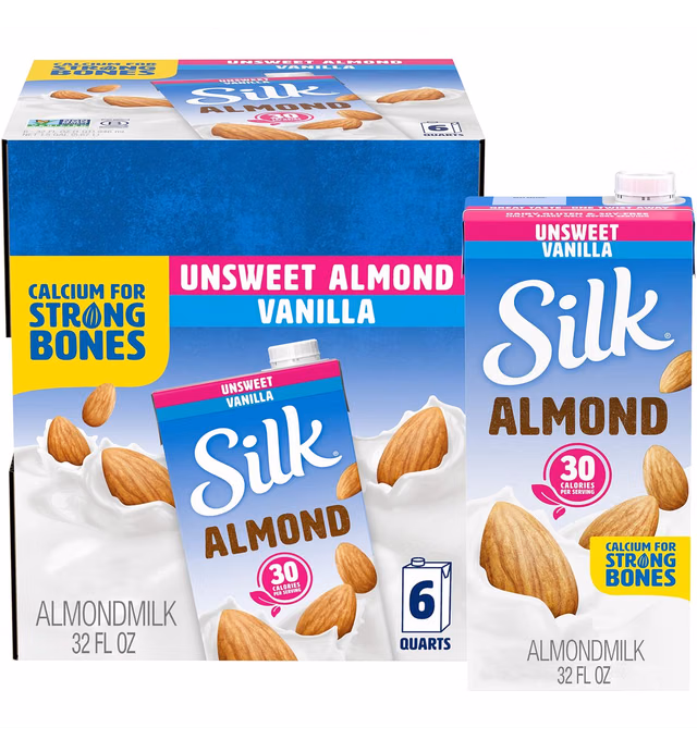 Silk Shelf-Stable Almond Milk, Unsweetened Vanilla, Dairy-Free, Vegan, Non-GMO Project Verified, 1 Quart (Pack of 6)