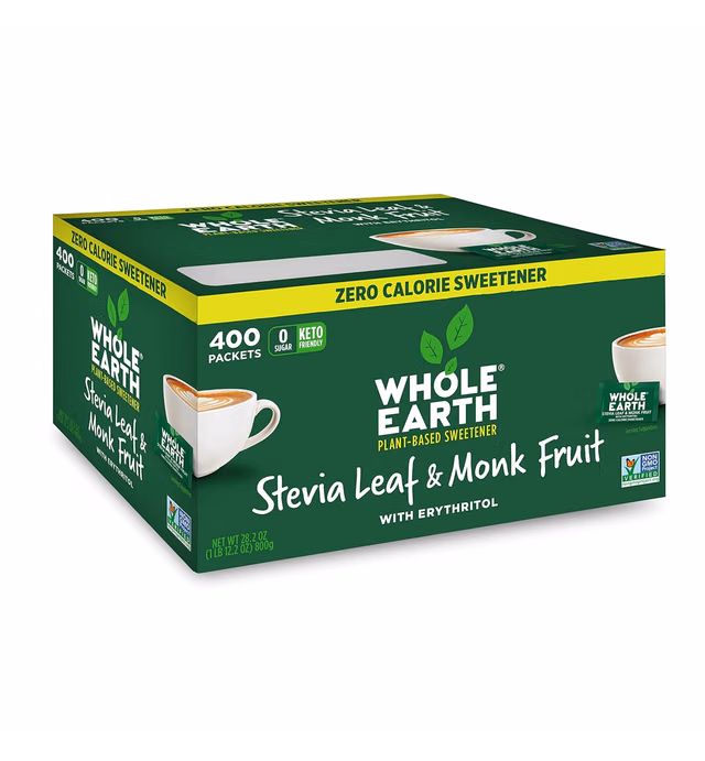 WHOLE EARTH Stevia & Monk Fruit Plant-based Sweetener, 400 Count (Pack of 1)