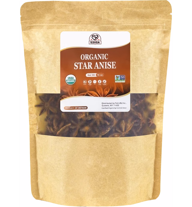 52USA Organic Star Anise, 16 Ounce (Pack of 1), NON-GMO Verified Chinese Star Anise Whole, Dried Star Anise Pods for Tea and baking