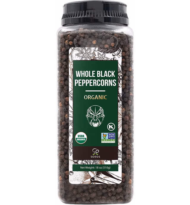 Soeos Organic Peppercorns, 18oz (Pack of 1), Non-GMO, Kosher, Black Peppercorns Whole, Packed to Keep Peppers Fresh, Peppercorn for Grinder Refill