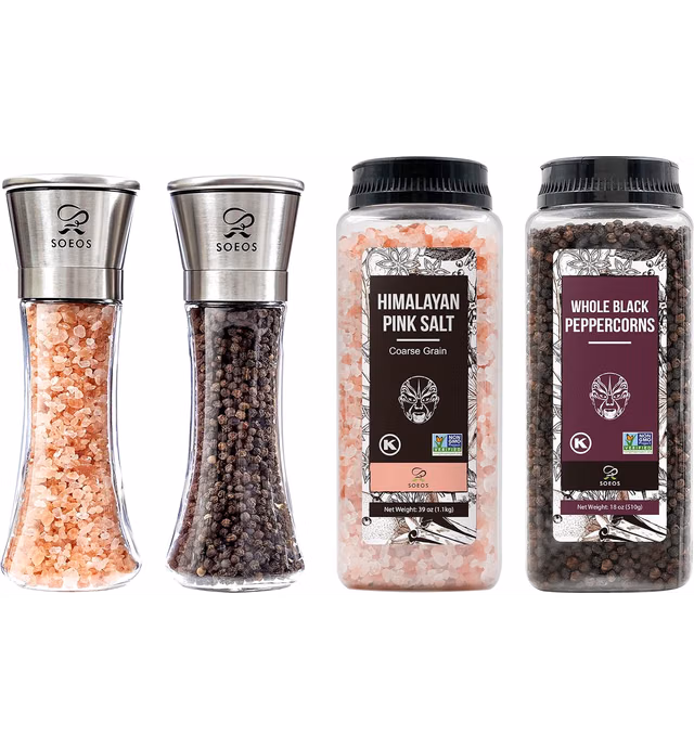 Soeos Whole Black Peppercorns 18OZ + Himalayan Salt 38oz + Grinders 2 Packs,Black/Pink,4 Piece Set